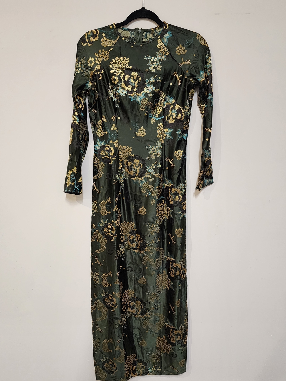 Oriental Elegant Olive Green Floral Long-Sleeve Dress With High Side Slits Small